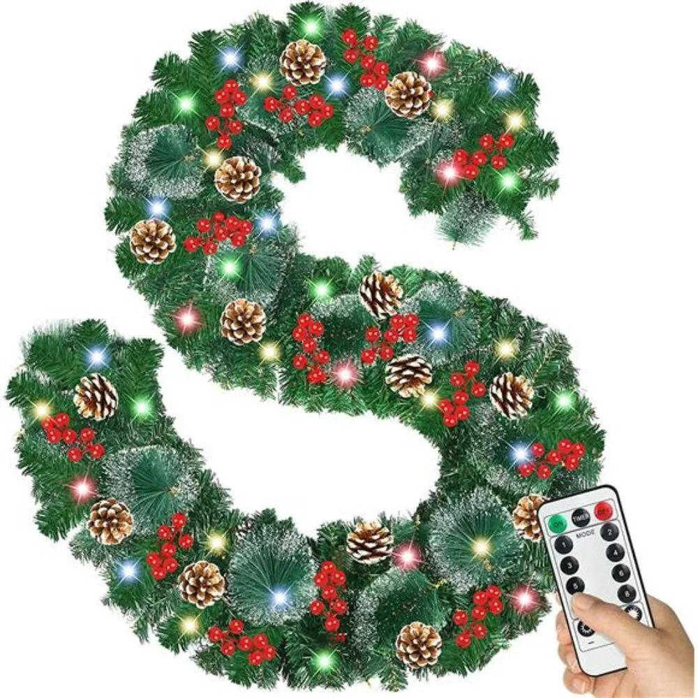 9Ft Christmas Garland w/ 100 LED Lights Pre-Lit Xmas Garland for Indoor Outdoor
